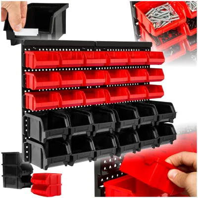 tectake® Wandregal Stapelboxen, 31-teilig, komfortable Eingriffsöffnung, stabile Wandplatte, 64 x 38 x 17,5 cm