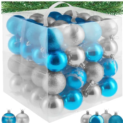 tectake® Weihnachtskugeln, 64er-Set in SIlber und Blau, matt, glänzend, glitzernd und mit Eisblumen-Verzierung, Durchmesser 6 cm