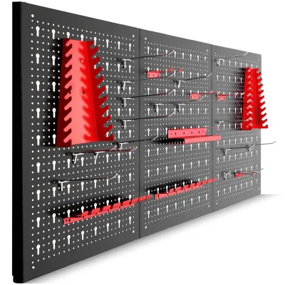 tectake® Werkzeuglochwand, dreiteilig, aus Stahl, einfache Montage, 120 x 3 x 60 cm