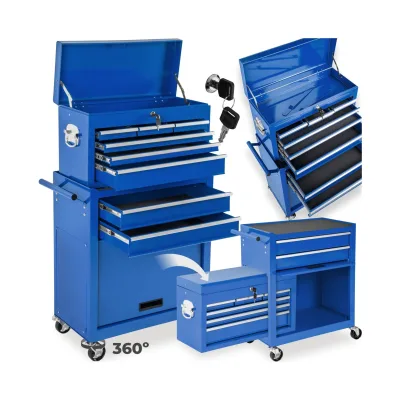tectake® Werkzeugwagen, 8 kugelgelagerte Schubladen mit Antirutschmatten, großes Klappfach, mobiler Kofferaufsatz mit zentraler Sicherheitsverriegelung, Rollen Ø 100 mm