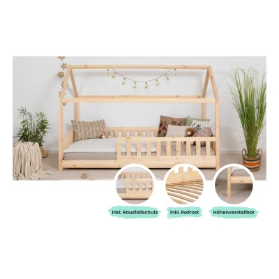 TiCAA Kinderbett Hausbett "Kay" 140x200 Kiefer natur