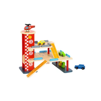 Tooky Toy Holz-Parkhaus TL698, 22-tlg, 3 Etagen, Tankstelle, 3 Autos, Landeplatz bunt
