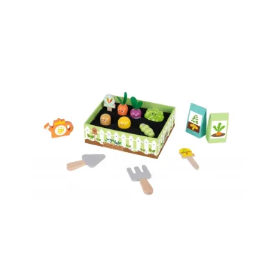 Tooky Toy Kinder-Gartenset TK315 Holz 14-teilig, Beet, Gemüse, Gießkanne, Samen grün