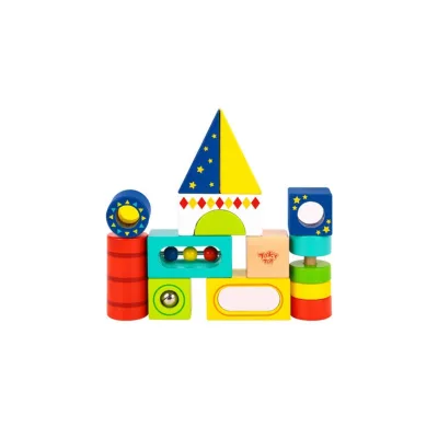 Tooky Toy Kinder Holzbausteine TL717 Buchenholz, 13 Bausteine, Aufbewahrungsbox bunt