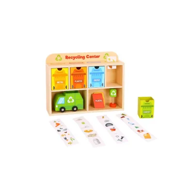 Tooky Toy Spielzeug Recycling Center TY635A aus Holz, Recyclinghof, Müllauto orange