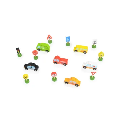 Tooky Toy Spielzeugautos 16-teilig TKF050 Holz-Setzkasten, Transport, Schilder bunt