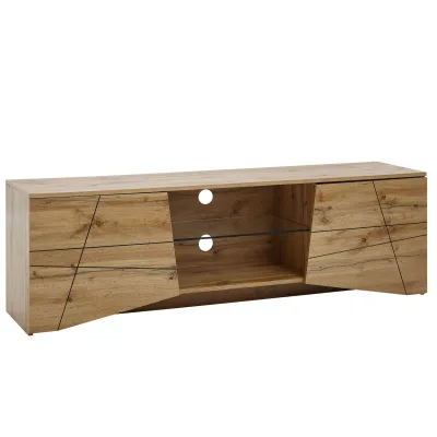 TV-Board Kommode 160cm MDF Eiche Dekor Design Lowboard mit 2 Türen & Glas Ablage Fernsehschrank
