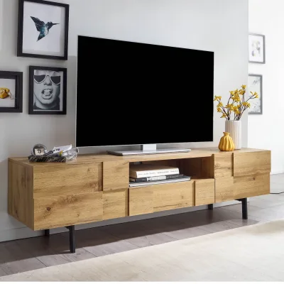 TV-Board Kommode 160cm MDF Eiche Dekor Design Lowboard mit 2 Türen & Schublade Fernsehschrank