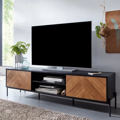 TV-Board Kommode 160cm MDF Eiche Schwarz Dekor Design Lowboard mit 2 Türen Fernsehschrank