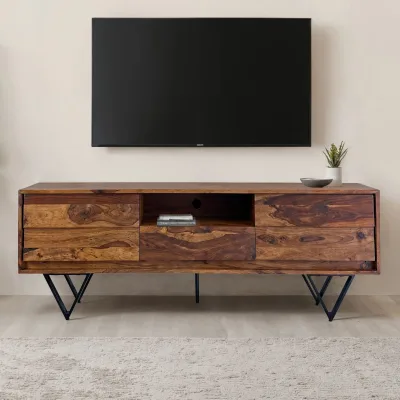 TV Lowboard FineBuy Sheesham Massivholz 160 cm Türen Schublade Fach Metallfüße