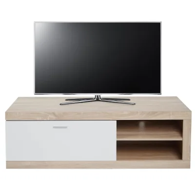 TV-Rack MCW-L33, TV-Board Fernsehtisch Lowboard TV-Schrank Kommode, Holz 43x140x41cm Staufach, Eiche-Optik, weiß