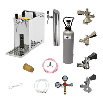 Untertheken Komplett Set - Zapfanlage, Bierzapfanlage, Bierkoffer, Durchlaufkühler PYGMY 25 LE 1-leitig Trockenkühler, 30 Liter/h, inkl. Schanksäule, Green Line, Zapfkopf:5 Liter Adapter