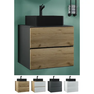 VCM 2-tlg. Waschplatz Waschtisch   schwarzes Waschbecken Unterschrank Breite 60 cm    Badmöbel Set mit Schubladen   Lendas S BL