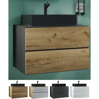 VCM 2-tlg. Waschplatz Waschtisch   schwarzes Waschbecken Unterschrank Breite 80 cm    Badmöbel Set mit Schubladen   Lendas S BL