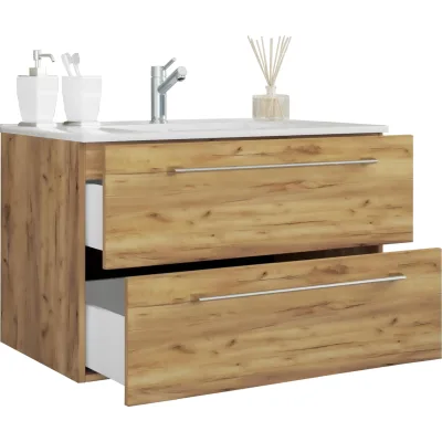 VCM 2-tlg. Waschplatz Waschtisch   Waschbecken Unterschrank Breite 80 cm   Badmöbel Set hängend mit zwei Schubladen   Badinos