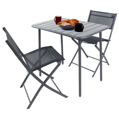 VCM 3-teilig Balkonmöbel Set, Gartentisch 80x55 cm mit 2 Klappstühlen, Metall & Textilene, wetterbeständig, platzsparend für Balkon & Terrasse, Sumila