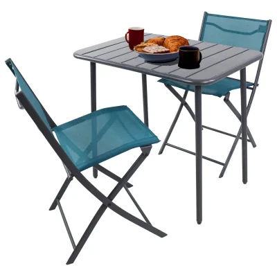 VCM 3-teilig Balkonmöbel Set, Gartentisch 80x55 cm mit 2 Klappstühlen, Metall & Textilene, wetterbeständig, platzsparend für Balkon & Terrasse, Sumila