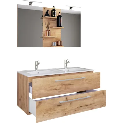 VCM 3-tlg. Doppel Waschplatz   2x Waschtisch   Badmöbel Set mit Unterschrank, Waschbecken und Spiegel   Doppelwaschbecken   Komplettset Budasi SP
