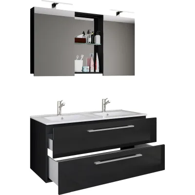 VCM 3-tlg. Doppel Waschplatz   2x Waschtisch   Badmöbel Set mit Unterschrank, Waschbecken und Spiegelschrank   Doppelwaschbecken   Komplettset Budasi SC