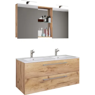 VCM 3-tlg. Doppel Waschplatz   2x Waschtisch   Badmöbel Set mit Unterschrank, Waschbecken und Spiegelschrank   Doppelwaschbecken   Komplettset Budasi SC