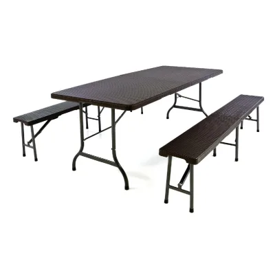 VCM 3-tlg. Gartenmöbelset   Gartengarnitur 1 Tisch 2 Bänke klappbar   Rattan-Optik   Bierzeltgarnitur   braun   180 cm