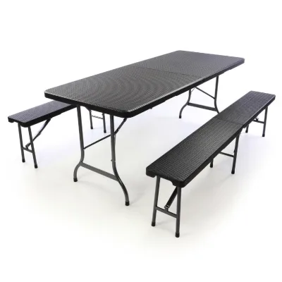 VCM 3-tlg. Gartenmöbelset   Gartengarnitur 1 Tisch 2 Bänke klappbar   Rattan-Optik   Bierzeltgarnitur Set   180 cm