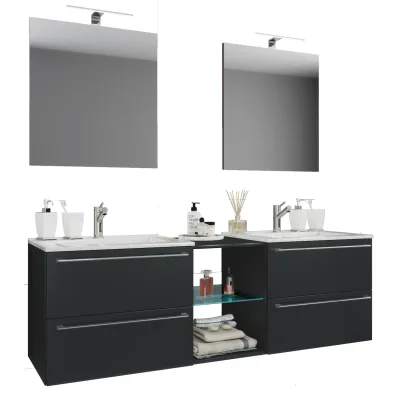 VCM 3-tlg. Set   2 Waschtisch, 2 Spiegel, 2 Waschbecken, 1 Mittelfach   Keramik Waschbecken   Unterschrank 195 cm   Badmöbel Set Doppel Waschplatz - Badinos