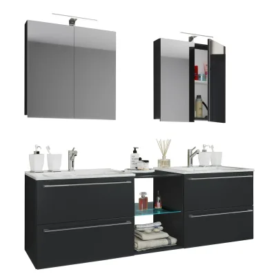 VCM 3-tlg. Set   2 Waschtisch, 2 Spiegelschrank, 2 Waschbecken, 1 Mittelfach   Keramik Waschbecken   Unterschrank 155 cm   Badmöbel Set Doppel Waschplatz - Badinos