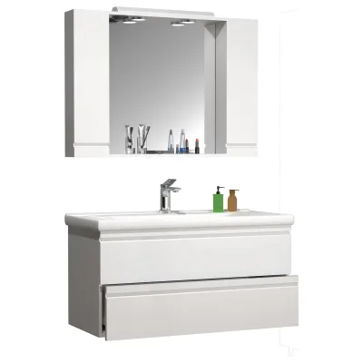 VCM 3-tlg. Waschplatz   Waschtisch Unterschrank 100 cm   Badmöbel Set mit Waschbecken   grifflose Schubladen   Spiegelschrank   Komplett Silora