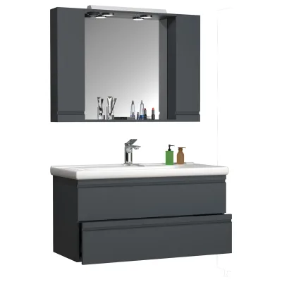 VCM 3-tlg. Waschplatz   Waschtisch Unterschrank 100 cm   Badmöbel Set mit Waschbecken   grifflose Schubladen   Spiegelschrank   Komplett Silora
