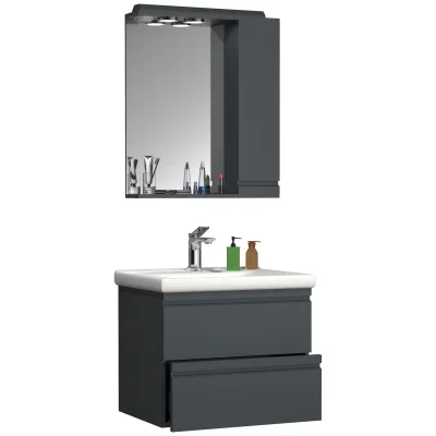 VCM 3-tlg. Waschplatz   Waschtisch Unterschrank 60 cm   Badmöbel Set mit Keramik Waschbecken   grifflose Schubladen   Spiegelschrank   Komplettset Silora