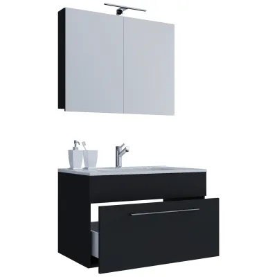 VCM 3-tlg. Waschplatz Waschtisch   Waschbecken Unterschrank Breite 60 cm   Badmöbel Set hängend mit einer Schublade Spiegelschrank   Badinos