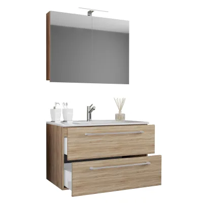 VCM 3-tlg. Waschplatz Waschtisch   Waschbecken Unterschrank Breite 60 cm   Badmöbel Set hängend mit zwei Schubladen Spiegelschrank   Badinos