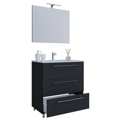 VCM 3-tlg. Waschplatz Waschtisch   Waschbecken Unterschrank Breite 60 cm   Badmöbel Set stehend mit drei Schubladen Spiegel   Badinos