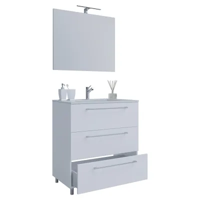 VCM 3-tlg. Waschplatz Waschtisch   Waschbecken Unterschrank Breite 60 cm   Badmöbel Set stehend mit drei Schubladen Spiegel   Badinos