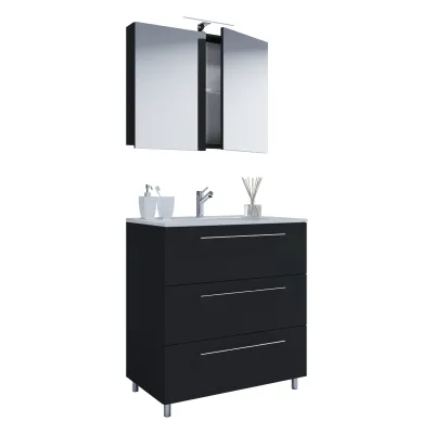 VCM 3-tlg. Waschplatz Waschtisch   Waschbecken Unterschrank Breite 60 cm   Badmöbel Set stehend mit drei Schubladen Spiegelschrank   Badinos