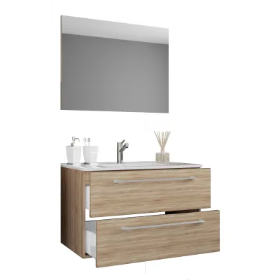 VCM 3-tlg. Waschplatz Waschtisch   Waschbecken Unterschrank Breite 80 cm   Badmöbel Set hängend mit einer Schublade Spiegel   Badinos