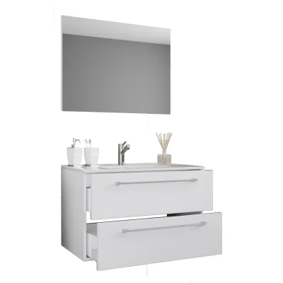 VCM 3-tlg. Waschplatz Waschtisch   Waschbecken Unterschrank Breite 80 cm   Badmöbel Set hängend mit einer Schublade Spiegel   Badinos