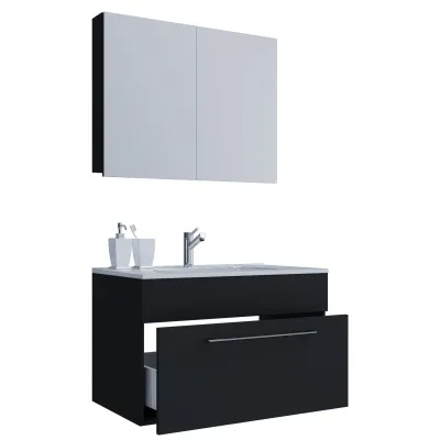 VCM 3-tlg. Waschplatz Waschtisch   Waschbecken Unterschrank Breite 80 cm   Badmöbel Set hängend mit einer Schublade Spiegelschrank   Badinos