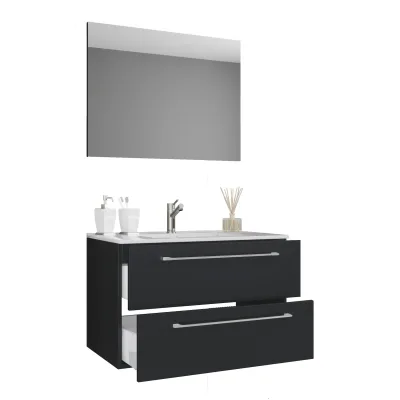 VCM 3-tlg. Waschplatz Waschtisch   Waschbecken Unterschrank Breite 80 cm   Badmöbel Set hängend mit zwei Schubladen Spiegel   Badinos