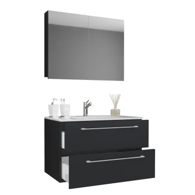 VCM 3-tlg. Waschplatz Waschtisch   Waschbecken Unterschrank Breite 80 cm   Badmöbel Set mit Schubladen Drehtüren Spiegelschrank   Badinos