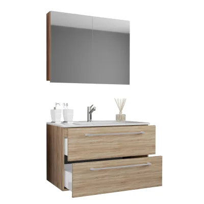 VCM 3-tlg. Waschplatz Waschtisch   Waschbecken Unterschrank Breite 80 cm   Badmöbel Set mit Schubladen Drehtüren Spiegelschrank   Badinos