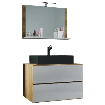VCM 3-tlg. Waschplatz Waschtisch   Waschbecken Unterschrank Breite 80 cm   Badmöbel Set mit Schubladen Spiegel   Lendas