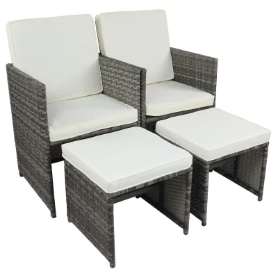 VCM 4-teilig Gartenmöbel Set, 2x Gartenstuhl mit Auflagen & 2x Beinauflage, Polyrattan Optik, Metall, wetterbeständig, ideal für den Balkon oder Terrasse - Raloso