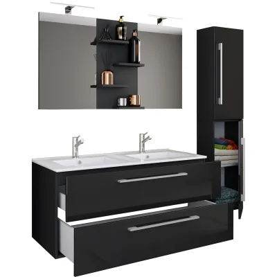 VCM 4-tlg. Doppel Waschplatz   2x Waschtisch   Badmöbel Set mit Unterschrank, Waschbecken, Hochschrank und Spiegel   Doppelwaschbecken   Komplettset Budasi SP