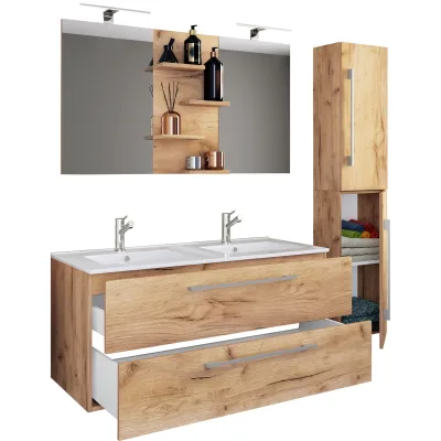 VCM 4-tlg. Doppel Waschplatz   2x Waschtisch   Badmöbel Set mit Unterschrank, Waschbecken, Hochschrank und Spiegel   Doppelwaschbecken   Komplettset Budasi SP
