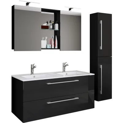 VCM 4-tlg. Doppel Waschplatz   2x Waschtisch   Badmöbel Set mit Unterschrank, Waschbecken, Hochschrank und Spiegelschrank   Doppelwaschbecken   Komplettset Budasi SC