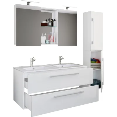 VCM 4-tlg. Doppel Waschplatz   2x Waschtisch   Badmöbel Set mit Unterschrank, Waschbecken, Hochschrank und Spiegelschrank   Doppelwaschbecken   Komplettset Budasi SC