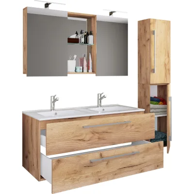VCM 4-tlg. Doppel Waschplatz   2x Waschtisch   Badmöbel Set mit Unterschrank, Waschbecken, Hochschrank und Spiegelschrank   Doppelwaschbecken   Komplettset Budasi SC