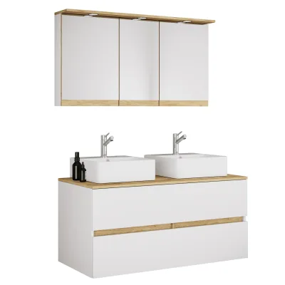 VCM 4-tlg. Doppelwaschtisch Cosila mit 2 Keramikbecken – Badschrank  H. 51 x B. 111 x T. 51 cm mit 2 Softclose-Schubladen, Spiegelschrank mit Beleuchtung & Steckdose, Waschplatz Set Cosila-A